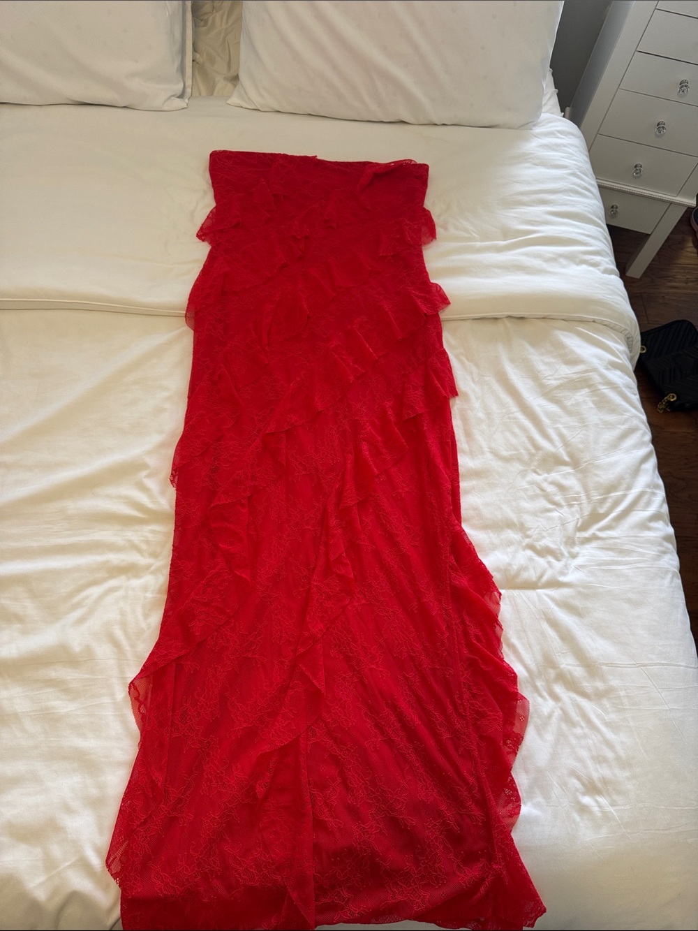 Red Ruffled Strapless Maxi Dress
